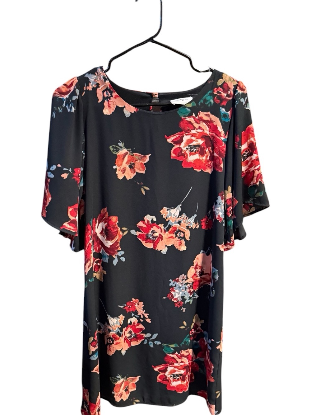 Everly Black Mini Dress with Red & Coral Floral Print